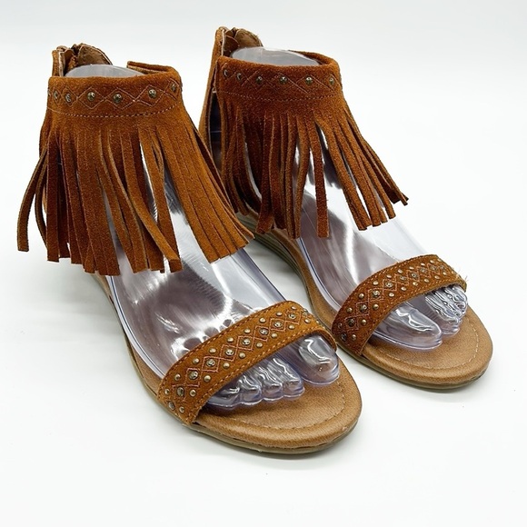 Minnetonka Savona Fringed Sandals‎ Women's 6 Brown Leather Moccasins - Picture 1 of 8